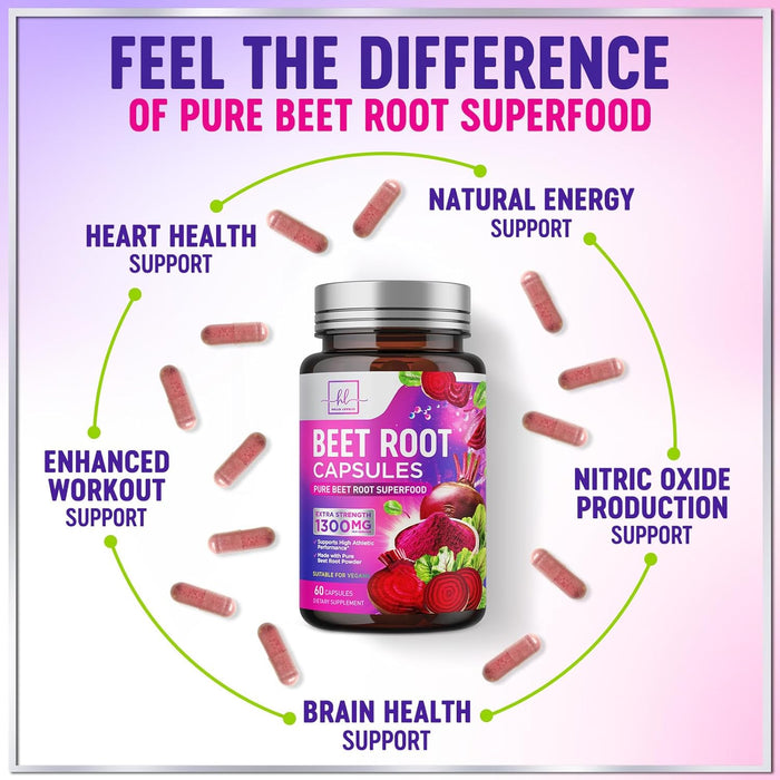 Organic Beet Root Capsules 1300mg - Extra Strength Beetroot Powder Supplement - Supports Blood Pressure, Athletic Performance & Immune System, Non-GMO, Gluten Free - Bottled in the USA - 60 Capsules