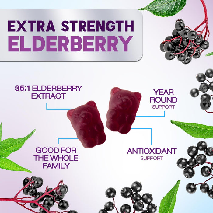 Elderberry Immune Support Gummies - Super Concentrated 35:1 Extract, Equivalent to 4200mg of Elderberries - Sambucus Black Elder Berry Vitamin Supplement, Daily Support for Kids & Adults - 120 Gummies
