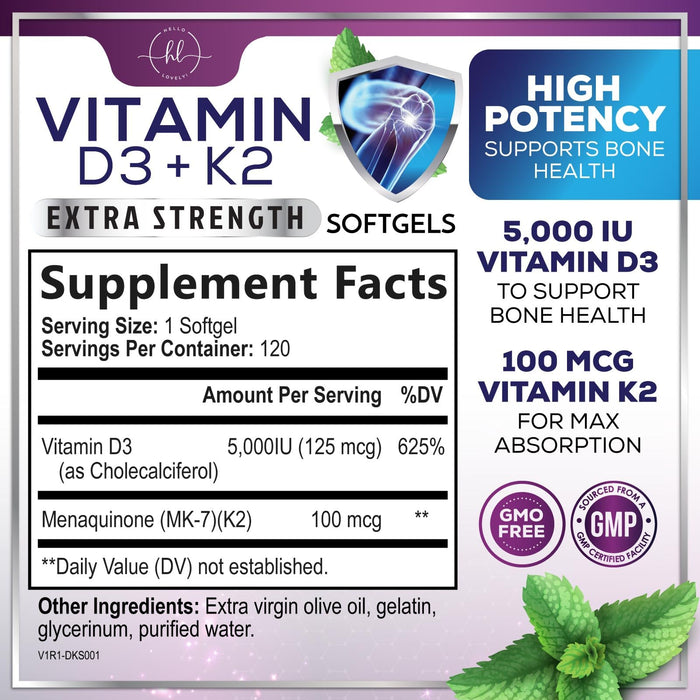 Vitamin D3 K2 - Vitamin D3 (5000 iu) & 100 mcg Vitamin K2 (MK-7) Complex for Immune Support & Bone, Teeth & Muscle Health - Easy to Swallow, Gluten Free, Non-GMO, Bottled in USA - 120 Softgels