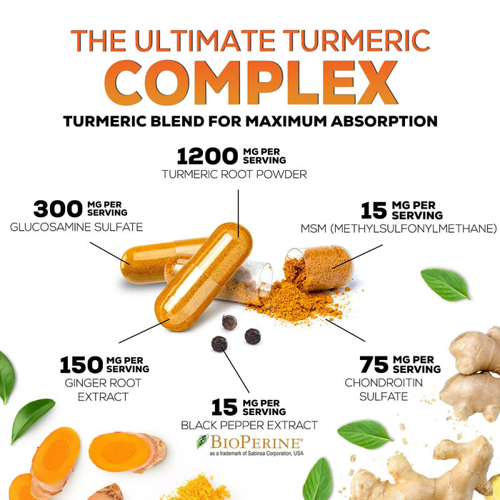 Turmeric Curcumin Supplement 2000mg with Glucosamine Chondroitin & Ginger, 95% Curcuminoids, BioPerine Black Pepper for Best Absorption, Nature's Joint Support, Non-GMO, Bottled in USA - 60 Capsules