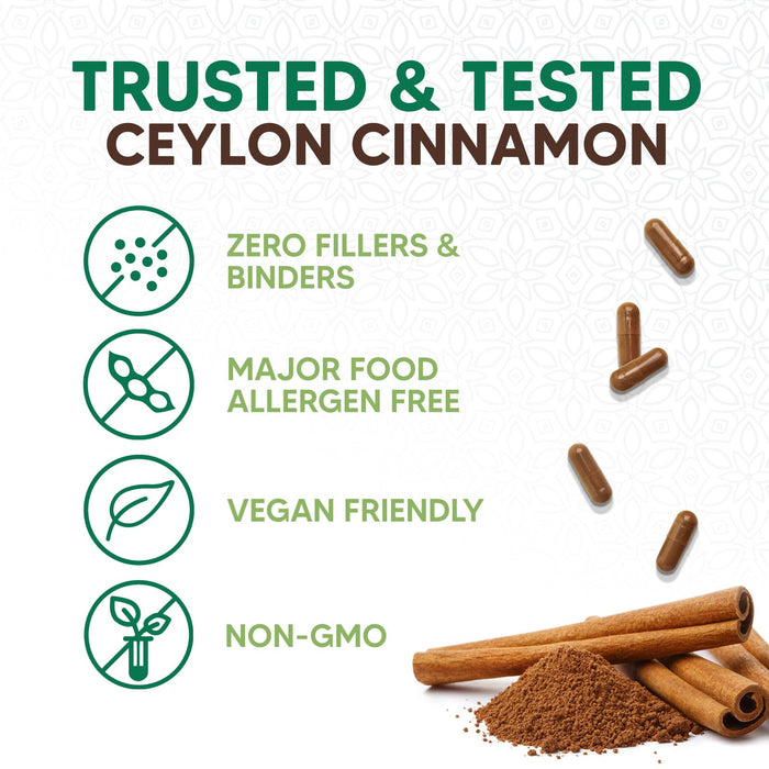 Ceylon Cinnamon Capsules 1800mg - Certified Organic Ceylon Cinnamon Powder Supplement, Bottled in USA, Extra Strength Energy & Heart Support Pills, Non-GMO & Gluten Free, Sugar Free - 120 Capsules