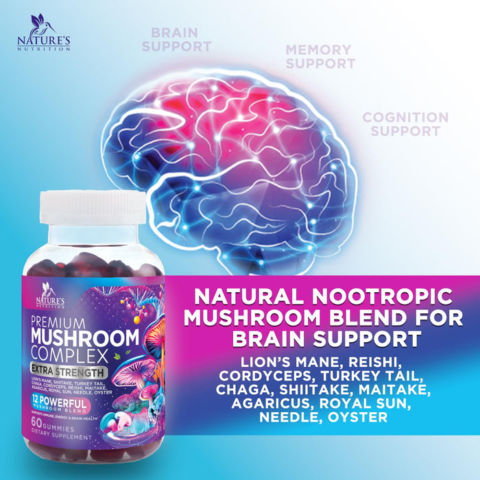 Mushroom Supplement Gummies - 12 in 1 with Lions Mane, Reishi, Cordyceps, Chaga & Turkey Tail Mushroom Complex, Immune Support & Nootropic Brain Supplements for Memory, Energy & Focus - 60 Gummies