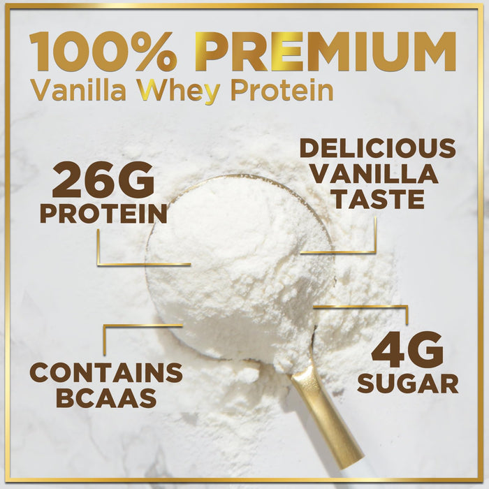 100% Whey Protein Powder, Creamy Vanilla Whey Isolate 26g Protein & BCAAs - Support Muscle Growth, Recovery & Fitness - Gluten Free, Fast Absorbing, Easy Digesting - Women & Men - 24 Servings