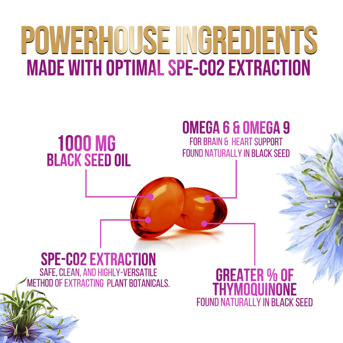 Black Seed Oil 1000mg - Premium Extra Strength Nigella Sativa Blackseed Oil - Black Seed Oil Skin, Digestive Health & Immune Support - Non-GMO Antioxidant, Gluten Free Supplement - 120 Softgels