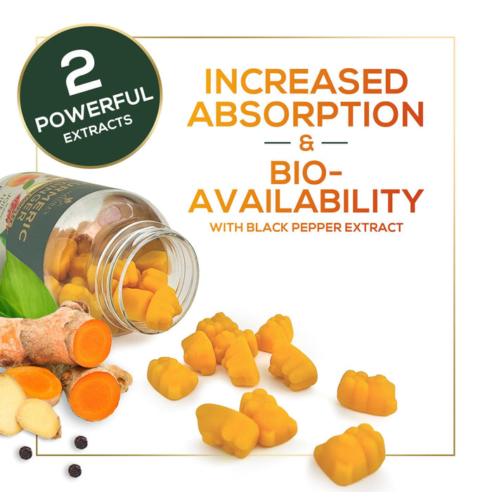 Turmeric and Ginger Gummies - Vegan Turmeric Curcumin Gummies with Black Pepper Extract for High Absorption, Nature's Curcumin Gummy for Joint Support Supplement, Non-GMO, Gluten Free - 120 Count
