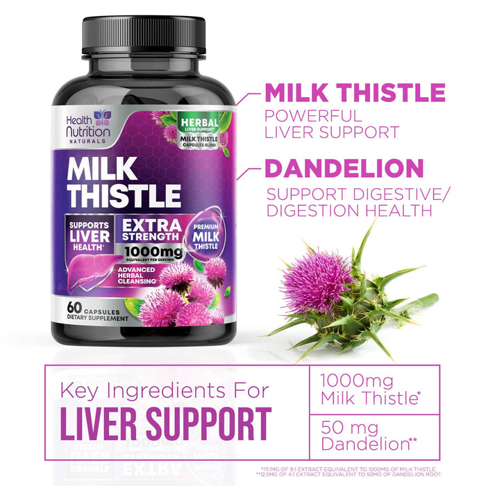 Milk Thistle Supplement - Liver Cleanse Detox & Repair Formula 1000mg with Dandelion - Nature's Herbal Milk Thistle Extract Supplements w/Silymarin Marianum, Supports Liver Health - 60 Capsules