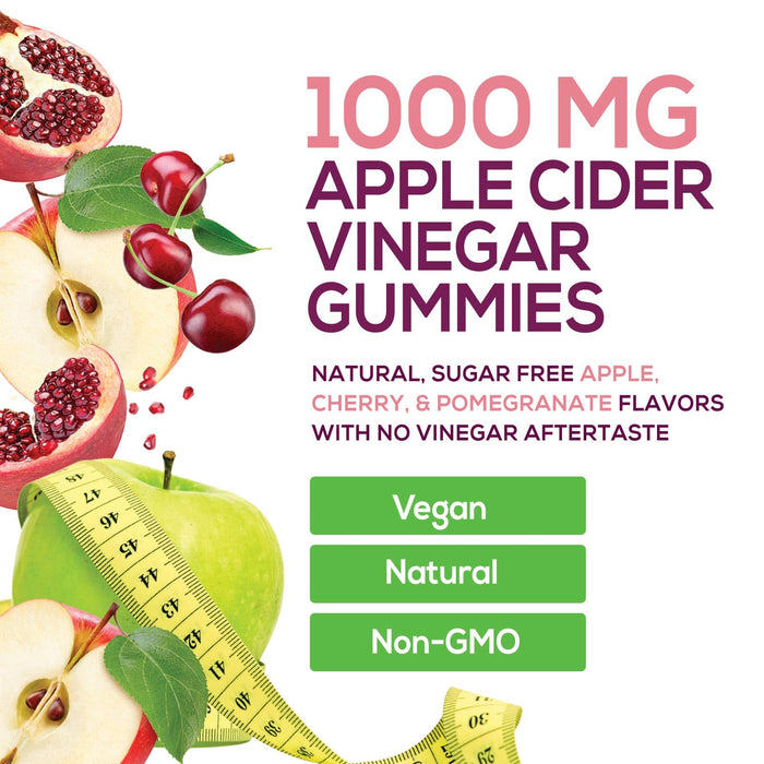 Vegan Apple Cider Vinegar Gummy 1000mg - Sugar Free ACV Gummies Vitamins Supplement with Vitamin B12 for Energy - Supports Digestion, Detox and Cleanse - Gelatin-Free, Non-GMO - 120 Gummies