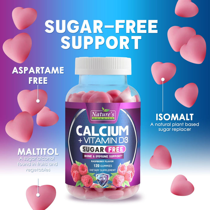 Sugar Free Chewable Calcium Gummy Vitamins - Plus 400 IU Vitamin D3 for Bone, Teeth, & Immune Health Support - Calcium Supplements for Women & Men Daily, Non-GMO, Berry Flavored - 120 Gummies
