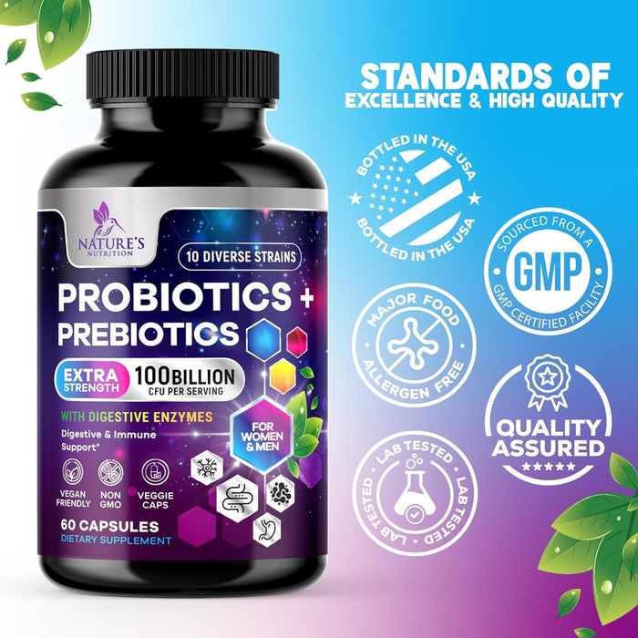 Probiotics for Women & Men 100 Billion CFU - 10 Strains with Lactobacillus, Digestive Gut Health Probiotics & Immune Support Supplement, Supports Occasional Constipation, Gas & Bloating - 60 Capsules