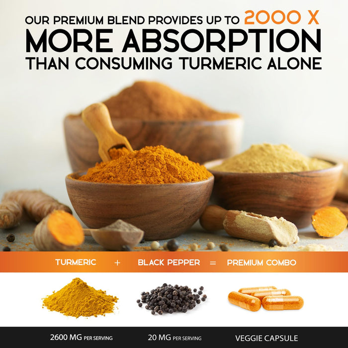 Turmeric Curcumin Supplement 2600mg - 95% Curcuminoids with Organic Turmeric & BioPerine Black Pepper for Best Absorption, Nature's Vegan Joint Support, Non-GMO Tumeric, Bottled in USA - 180 Capsules