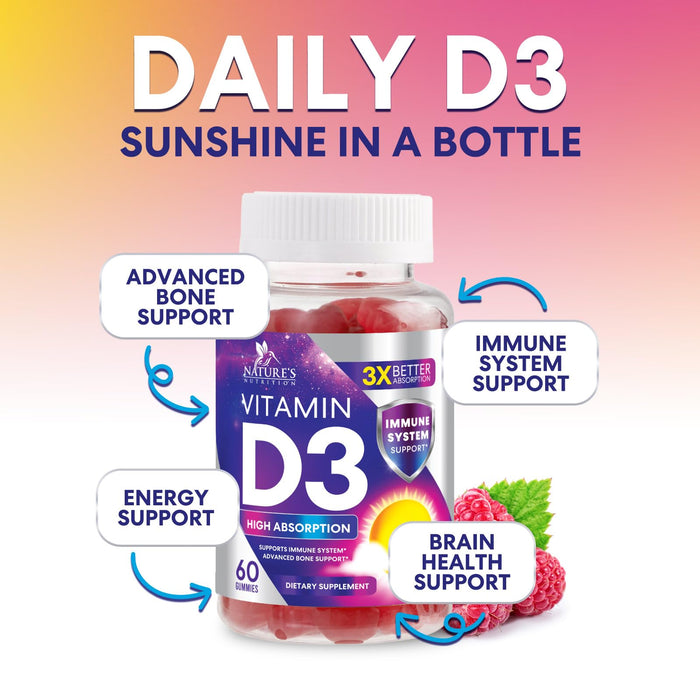 Vitamin D3 Supplement Gummy 5000 IU (125 mcg) Dietary Vitamins D for Men & Women - Bone, Teeth, Muscle & Immune Health Support, High Potency VIT D3 Nature's Non-GMO & Gluten Free - 60 Gummies