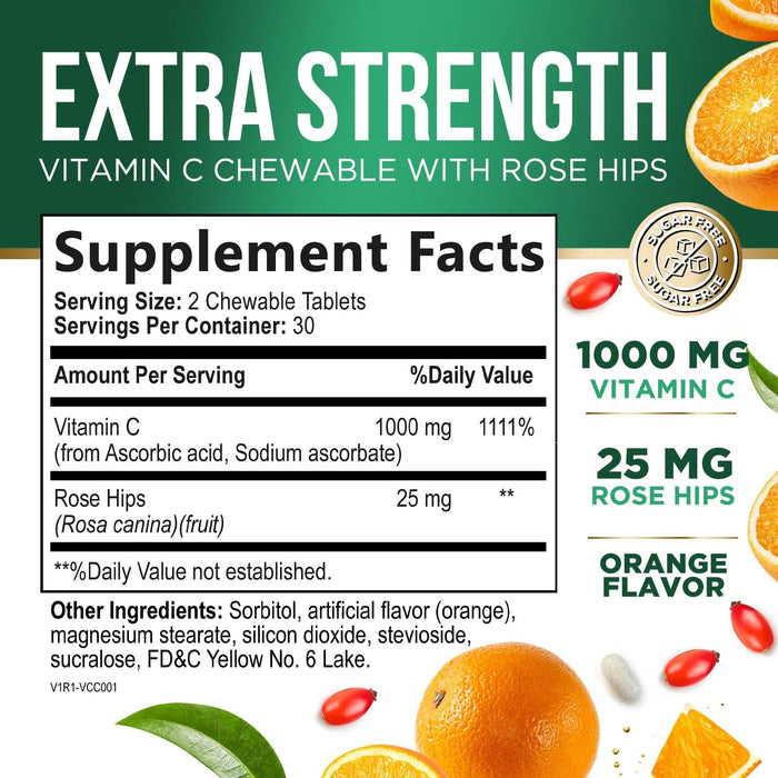 Vitamin C Chewable 1000mg - Extra Strength Antioxidants for Powerful Immune Support w/Vitamin C & Rose HIPS - Potent Dietary VIT C Chews Supplement, Natural, Vegan, Gluten-Free, Non-GMO - 60 Tablets