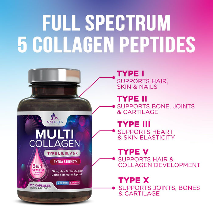 Multi Collagen Peptides Supplement - Hydrolyzed Types I, II, III, V & X Multi Collagen Pills, Hydrolyzed Collagen Peptides Supplements, Hair, Skin, Nail, and Joint Support Supplement, 120 Capsules