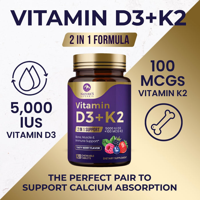 Vitamin D3 K2 - 5000 iu Vitamin D3 & 100 mcg Vitamin K2 (MK-7) Complex for Immune Support - Bone, Teeth & Muscle Health Support - Berry Chewable, Gluten Free, Non-GMO, Made in USA - 120 Tablets