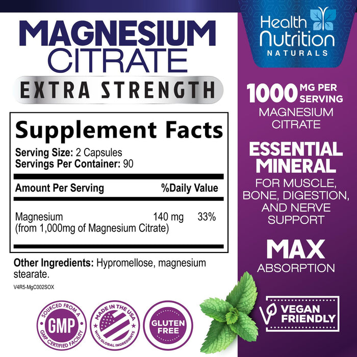 Magnesium Citrate Capsules 1000mg - Max Absorption Magnesium Powder for Muscle, Nerve, Bone and Heart Health Support, High Absorption Citrate Complex, Gluten Free, Non-GMO - 180 Capsules