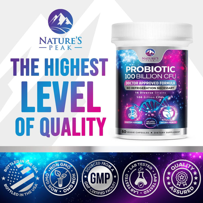 Probiotics 100 Billion CFU Supplement - 16 Strains + Natural Prebiotics - Digestive Health, Gut & Immune Support for Women & Men - Supports Occasional Constipation, Gas & Bloating - 60 Capsules