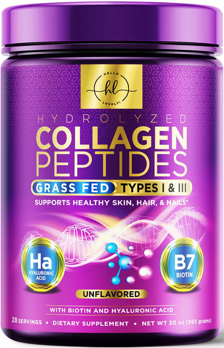Collagen Peptides Powder Unflavored - Supports Hair, Nail, Skin, Bone & Joint Health - Grass Fed Hydrolyzed Powder Type I & III, Best Collagen Supplements with Hyaluronic Acid & Biotin - 28 Servings