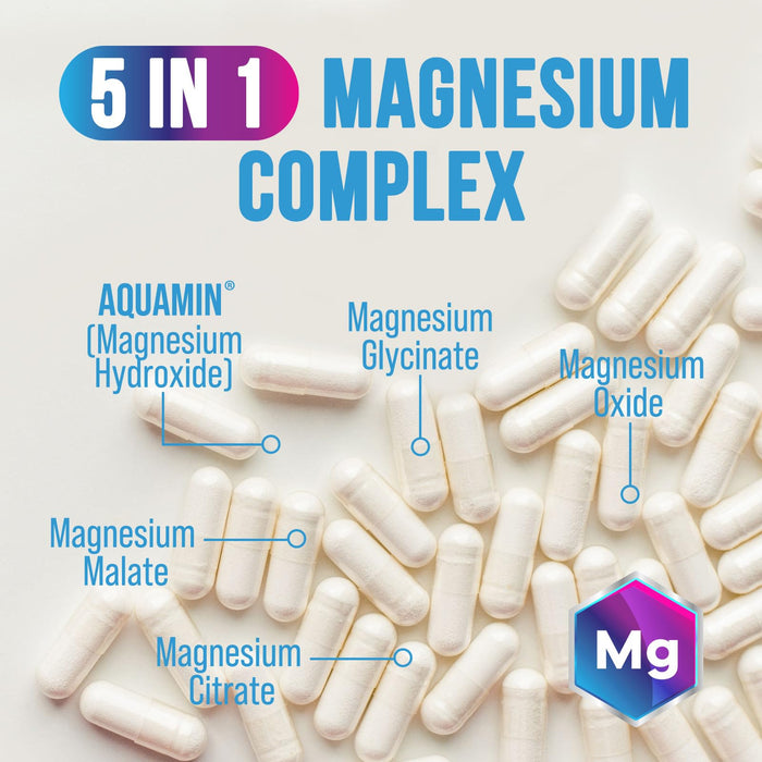 Magnesium Complex Supplement 500 mg - 5 in 1 High Absorption Chelated Magnesium Glycinate, Malate, Citrate, Oxide, Aquamin - Non-GMO Magnesio Capsules, Bone Muscle & Heart Health Support, 120 Capsules