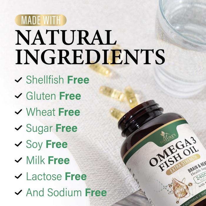 Omega 3 Fish Oil Supplements - 2400 mg Triple Strength Omega3, EPA & DHA with Essential Fatty Acids - Natural Immune, Brain & Heart Health Support - Gluten Free, Non-GMO, Wild Caught - 60 Softgels