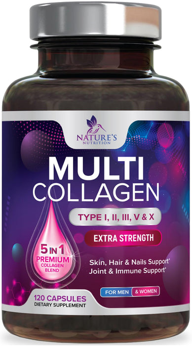 Multi Collagen Peptides Supplement - Hydrolyzed Types I, II, III, V & X Multi Collagen Pills, Hydrolyzed Collagen Peptides Supplements, Hair, Skin, Nail, and Joint Support Supplement, 120 Capsules