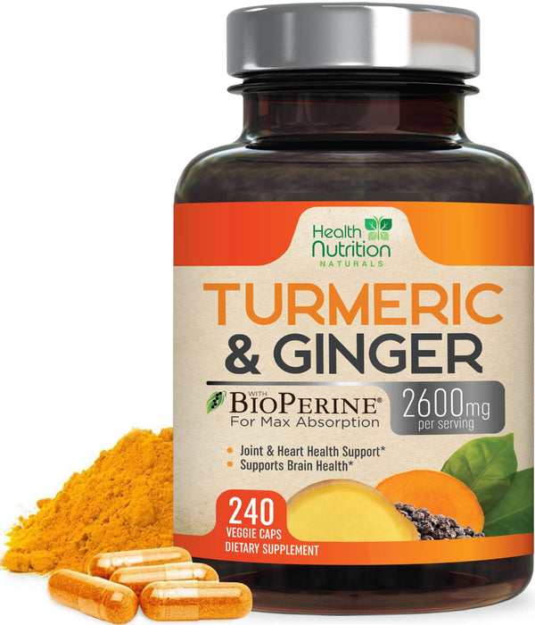 Turmeric Curcumin Supplement 2600mg - with Organic Ginger & Turmeric, 95% Curcuminoids, BioPerine Black Pepper for Best Absorption, Nature's Vegan Joint Support, Non-GMO, Bottled in USA - 240 Capsules