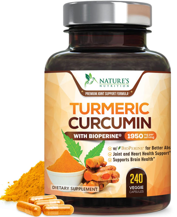 Turmeric Curcumin Supplement 1950mg - 95% Curcuminoids with Organic Turmeric & BioPerine Black Pepper Extract for Best Absorption, Nature's Vegan Joint Support, Non-GMO, Bottled in USA - 240 Capsules