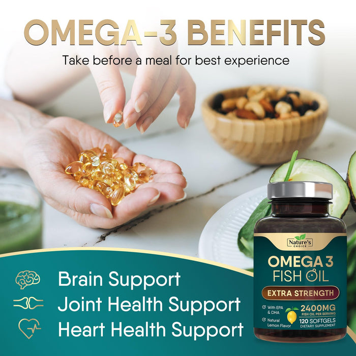 Omega 3 Fish Oil Supplement 2400 mg - Triple Strength EPA & DHA Fish Oil Omega 3, Essential Fatty Acids Supplement Softgels, Brain & Heart Health Support Supplements, Gluten Free Non-GMO, 120 Softgels