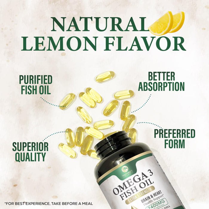 Omega 3 Fish Oil Pills 2400mg - Triple Strength Omega 3 Fish Oil Supplements - Best EPA & DHA Fatty Acids for Brain & Heart Health Support, Nature's Omega3 Supplement, 60 Day Supply - 120 Softgels