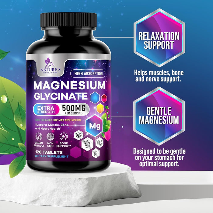 Magnesium Glycinate 500mg - Chelated for Ultra Absorption - Supports Bone, Muscle, Nerves & Heart Health, Nature's Sleep Support, Best Magnesium Supplement Pills for Whole Body Support - 120 Tablets