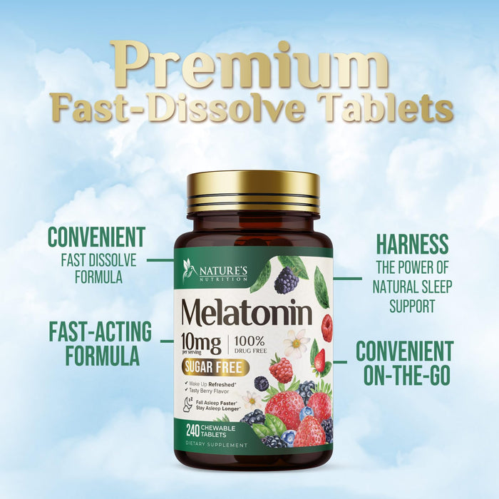 Melatonin 10 mg Fast Dissolve, Melatonin Supplements for Restful Sleep, Natural Sleep Support Supplement for Adults, Extra Strength Strawberry-Flavored Tablets, Sugar Free, 240 Tablets, 120 Day Supply