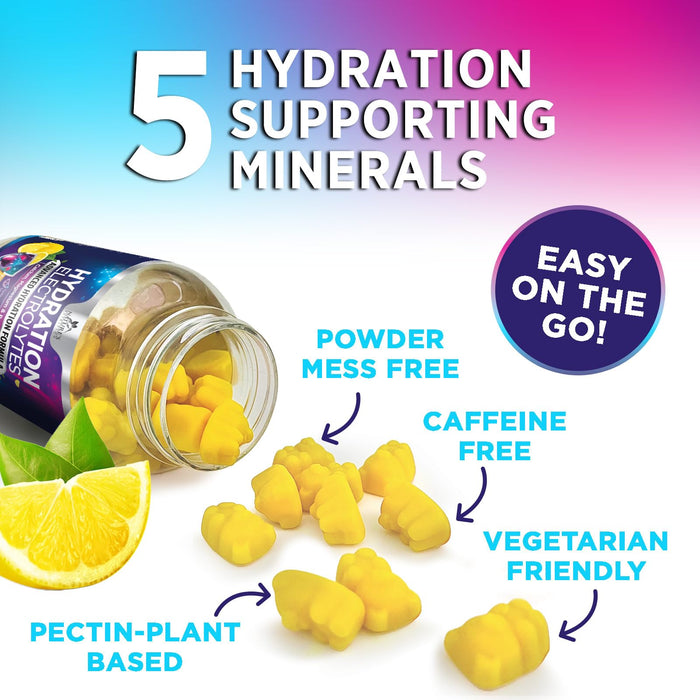 Hydration Electrolyte Gummies - Daily Liquid Replenisher Gummy - Electrolyte Multiplier with Minerals, Potassium & Real Salt - Vegan, Non-GMO - Tasty Lemon Flavor Hydration Electrolytes - 60 Gummies