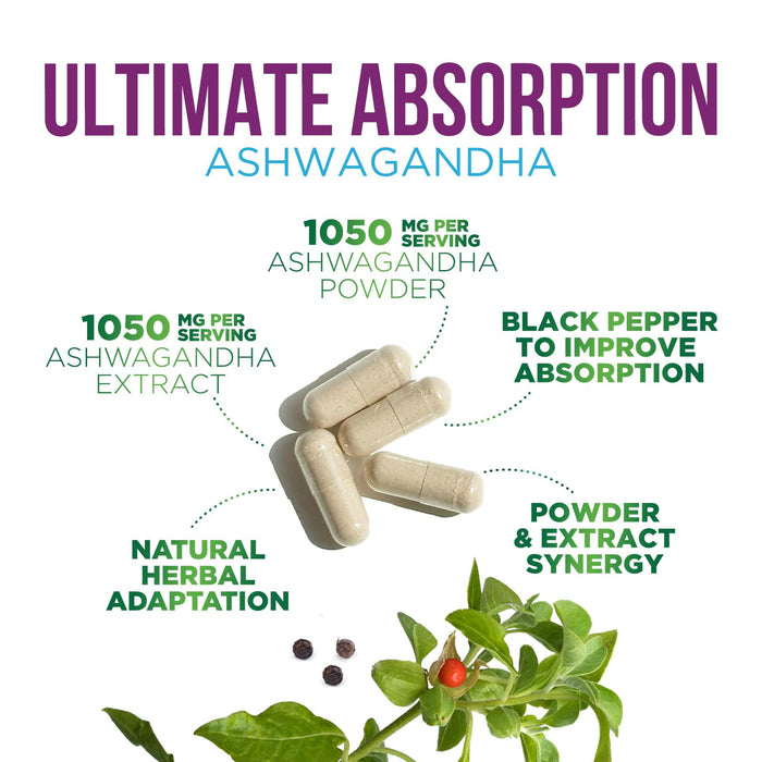 Ashwagandha 2100mg - Extra Strength with Black Pepper for Max Absorption, Ashwagandha Powder and Root Supplements for Women & Men, Antioxidant Support, Vegan, Non-GMO & Gluten Free - 120 Capsules