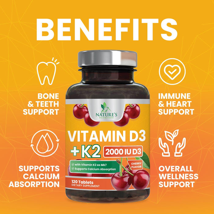 Vitamin D3 K2 2000 IU Plus with K2 (MK-7) 75 mcg - Vitamins D & K Complex Supplement for Bone, Teeth, Muscle, Calcium Absorption, Supports Immune & Heart Health, Non-GMO Chewable Formula - 120 Tablets