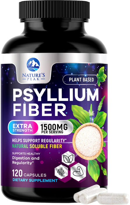 Psyllium Husk Fiber Supplement 1500mg - Vegan Prebiotic, Soluble Fiber for Daily Digestive Health & Regularity Support, Natural Psyllium Powder Caps, Sugar-Free, Non-GMO & Gluten-Free - 120 Capsules
