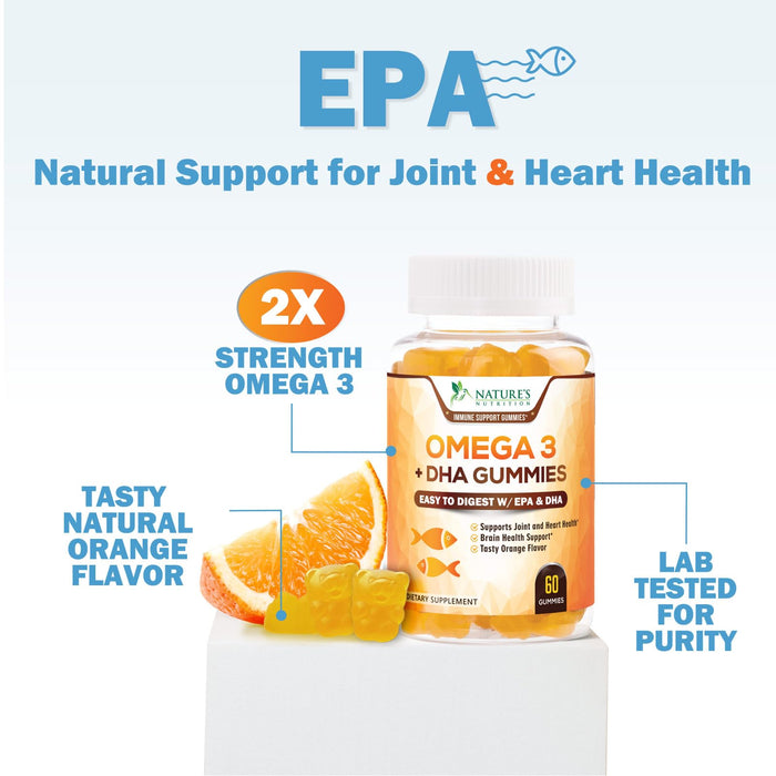 Omega 3 Fish Oil Gummies, Heart Healthy Omega 3 Gummy Supplement with High Absorption DHA & EPA, Extra Strength Joint & Brain Support, Delicious Orange Flavor Fish Oil Nature's Vitamin - 60 Gummies