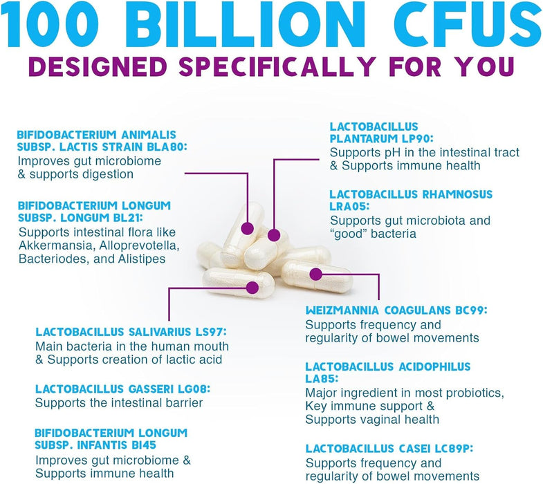 Probiotics for Women & Men 100 Billion CFU - 10 Strains with Lactobacillus, Digestive Gut Health Probiotics & Immune Support Supplement, Supports Occasional Constipation, Gas & Bloating - 120 Capsules