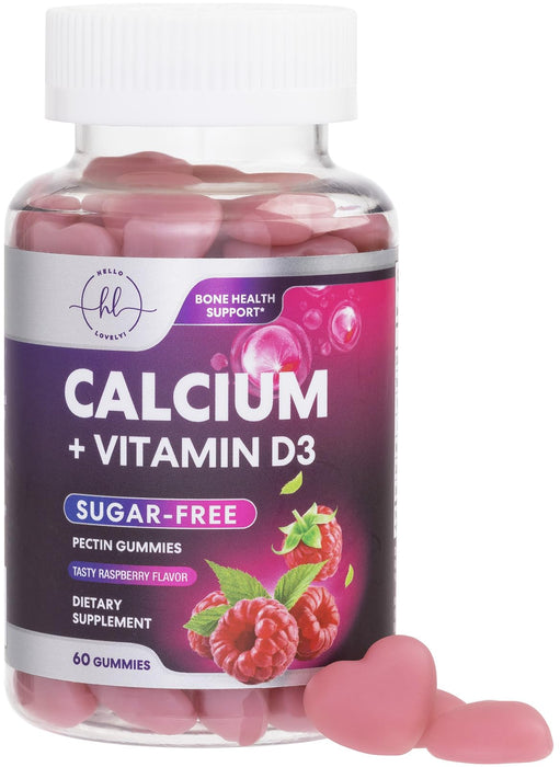 Calcium Supplements for Women - Sugar Free Calcium Gummies with Vitamin D3 for Bone Strength, Teeth & Immune Health Support, Natural Chews for Women & Men - Raspberry Flavored & Non-GMO - 60 Gummies