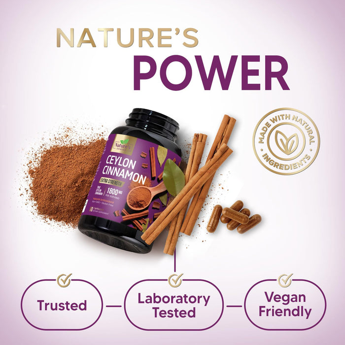 Ceylon Cinnamon Capsules 1800mg - Certified Organic Cinnamon, Bottled in USA, & Pure Extra Strength Ceylon Cinnamon Supplement, Antioxidant Pills, Non-GMO & Gluten Free, Sugar Free - 60 Capsules