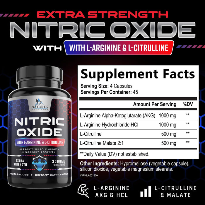 Nitric Oxide Booster Extra Strength 3000mg - L Arginine 3X Strength Nitric Oxide Supplements for Men and Women, Citrulline, Supports Muscle, Heart Health & Energy Supplement, Non-GMO - 180 Capsules