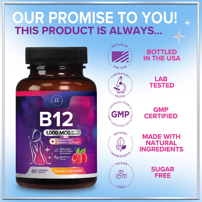 B 12 Vitamin Chewables 1000 mcg - B12 Complex with Heart & Nerve Energy Health Support - Vitamin B-12 Complex for Adults with Immune Health Support - Gluten & Sugar Free - 60 Chewables