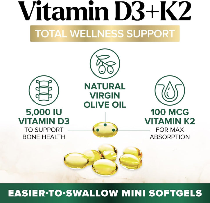 D3 K2 Vitamin 5000 IU | 2-in-1 Vitamin D 5000iu & Mk7 Vitamin K 100 mcg Dietary Supplement for Bone & Immune Support, Bottled in USA, Easy to Swallow, Gluten Free, Non-GMO I 240 D3K2 Complex Softgels