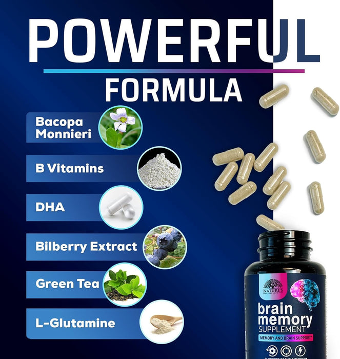 Brain Memory Supplement Pills - Nootropics Support for Concentration, Clarity, Alertness & Focus - Brain Health with Bacopa, Cognitive Vitamins, Phosphatidylserine, DMAE - Brain Booster - 120 Capsules