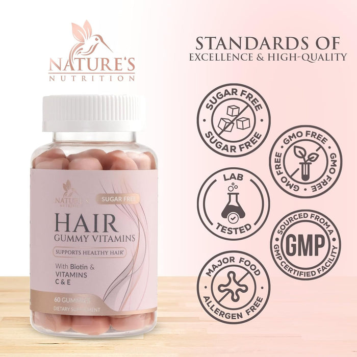 Sugar Free Hair Vitamins Gummies with Biotin 5000 mcg, Vitamin A, B12, C, D, E, Folic Acid, Supports Hair Growth Gummy, Vegetarian Friendly, Supports Strong Beautiful Hair and Nails - 60 Gummies