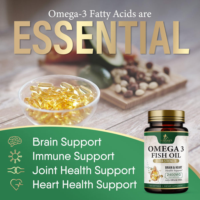 Omega 3 Fish Oil Supplements - 2400 mg Triple Strength Omega3, EPA & DHA with Essential Fatty Acids - Natural Immune, Brain & Heart Health Support - Gluten Free, Non-GMO, Wild Caught - 120 Softgels