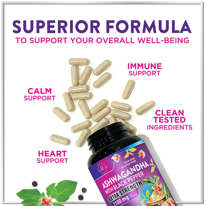 Ashwagandha 2,100 mg - Ashwagandha Supplements for Women in Veggie Capsules with Powder & Root Extract, Black Pepper for High Absorption, Plant Based, Non-GMO, Bottled in the USA - 120 Veggie Capsules