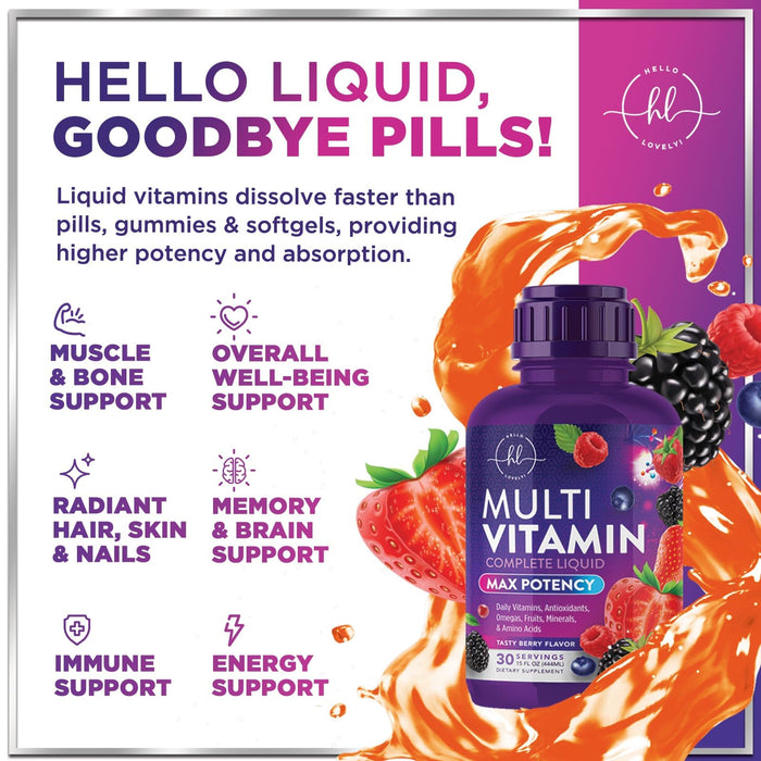 Multivitamin for Women, Men & Kids - Sugar Free & Vegan, Multi Vitamin Liquid & Multimineral, Vitamins A, C, D3, E, B6, B12 & Zinc, Women's Multivitamin & Immune Support, Berry Flavor - 15 Fl Oz