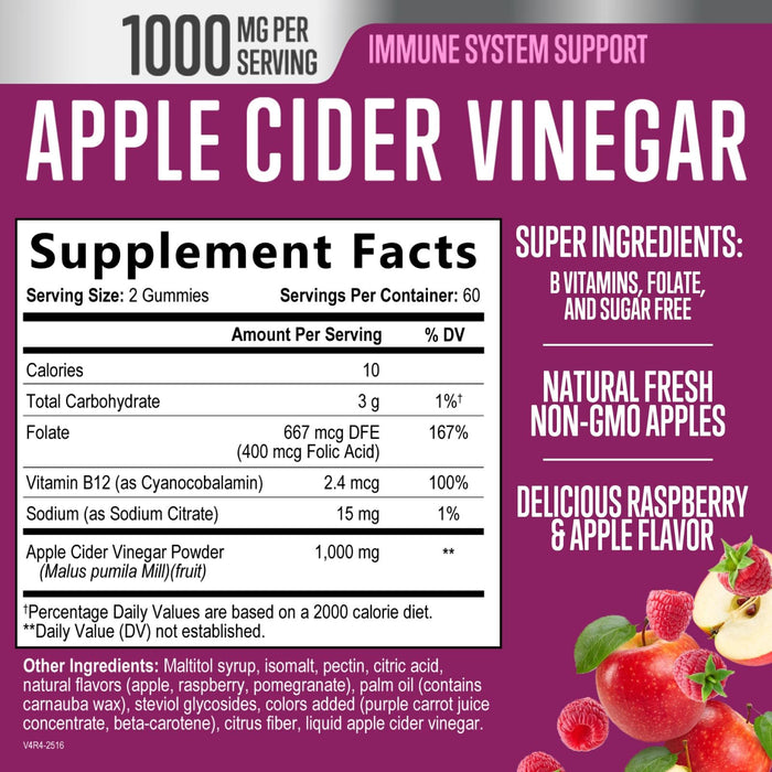 Apple Cider Vinegar Gummies Sugar Free 1000mg for Cleanse, ACV Gummy Vitamin B12 for Digestion Energy & Immune Health Support, Supports Metabolism, Keto Friendly, Apple Raspberry Flavor - 120 Gummies