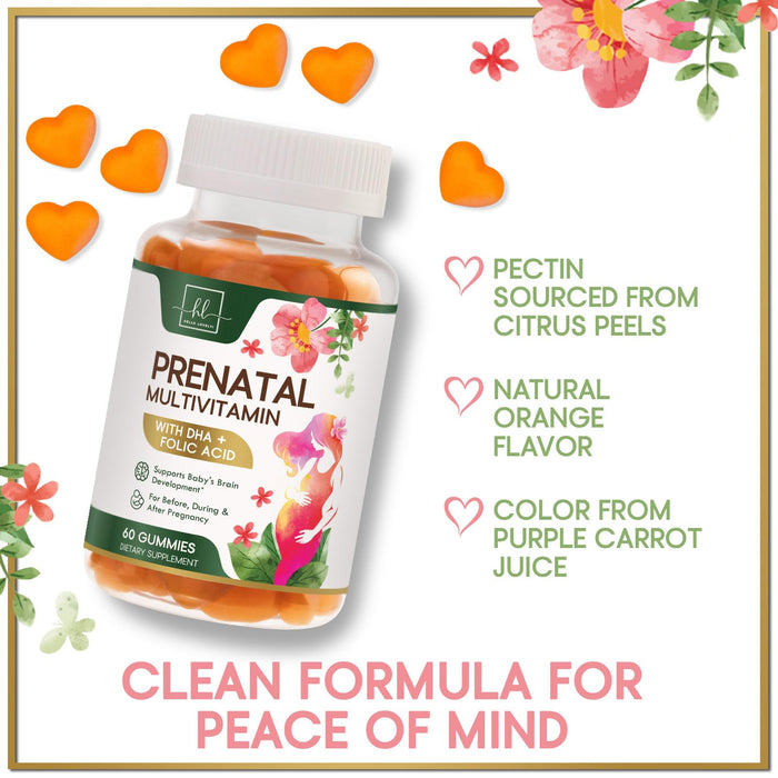 Prenatal Vitamins for Women with DHA & Folic Acid - Best Prenatal Multivitamin Gummies for Women, Brain Development Support, Folate, Vitamin C, D3 & B12, Pre Natal Pregnancy Supplement - 60 Gummies