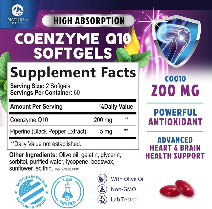 CoQ10 200mg - Ultra High Absorption Co Q 10 Softgel Supplement With Black Pepper, Energy & Heart Health Support Antioxidant - Coenzyme Q10 (Ubiquinone) for Women & Men, Bottled in USA - 120 Softgels