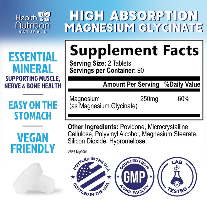 Magnesium Glycinate 250mg - 100% Chelated Magnesium for Max Absorption - Sleep Support, Muscle, Nerves, Bone & Heart Health Support, Best Mag Supplement, Vegan Non-GMO, 3rd Party Tested - 180 Tablets